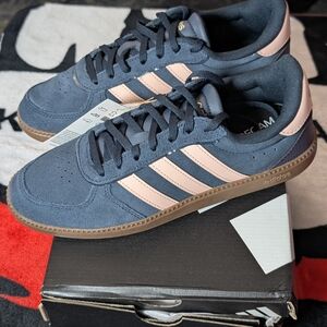 Adidas Navy Blue Suede Sneakers with Light Pink Stripes